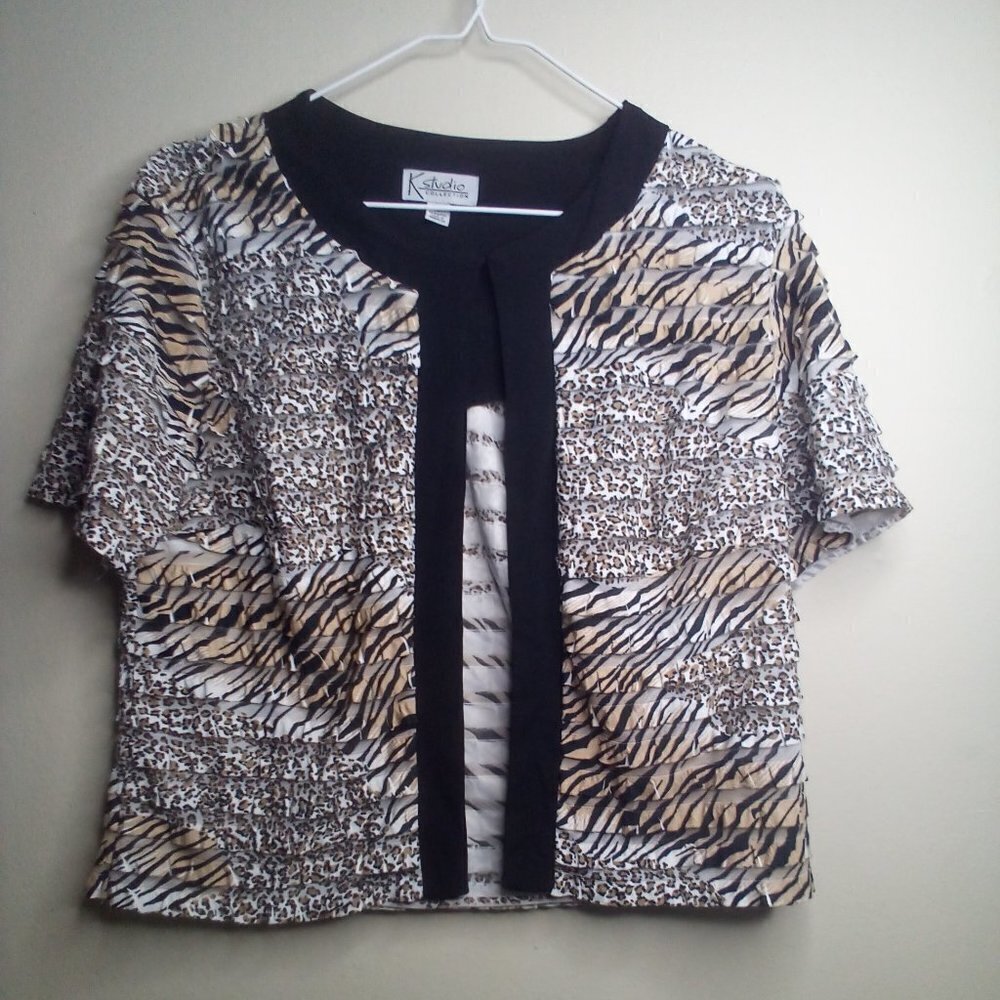 K Studio Collection Open Front Blouse 6 Short Sleeve Ruffle Layers Animal Print